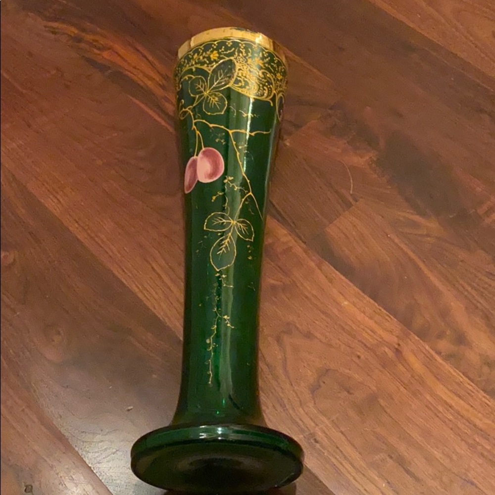 Green glass vase with hand painted details